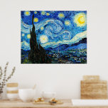 The Starry Night by Vincent Van Gogh  Poster<br><div class="desc">The painting is dominated by a moon- and star-filled night sky. It takes up three-quarters of the picture plane and appears turbulent, even agitated, with intensely swirling patterns that seem to roll across its surface like waves. It is pocked with bright orbs—including the crescent moon to the far right, and...</div>