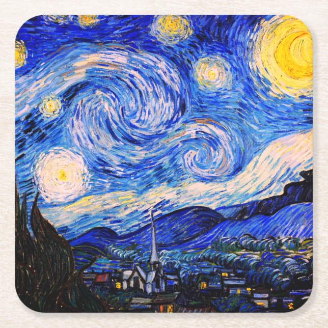 The Starry Night by Vincent Van Gogh Square Paper Coaster (Front)