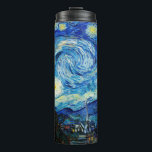 The Starry Night by Vincent Van Gogh  Thermal Tumbler<br><div class="desc">The painting is dominated by a moon- and star-filled night sky. It takes up three-quarters of the picture plane and appears turbulent, even agitated, with intensely swirling patterns that seem to roll across its surface like waves. It is pocked with bright orbs—including the crescent moon to the far right, and...</div>