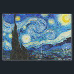 The Starry Night by Vincent Van Gogh  Tissue Paper<br><div class="desc">The painting is dominated by a moon- and star-filled night sky. It takes up three-quarters of the picture plane and appears turbulent, even agitated, with intensely swirling patterns that seem to roll across its surface like waves. It is pocked with bright orbs—including the crescent moon to the far right, and...</div>