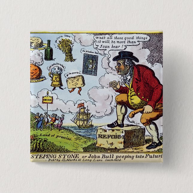 The Stepping Stone,John Bull peeping into 2 Inch Square Button (Front)