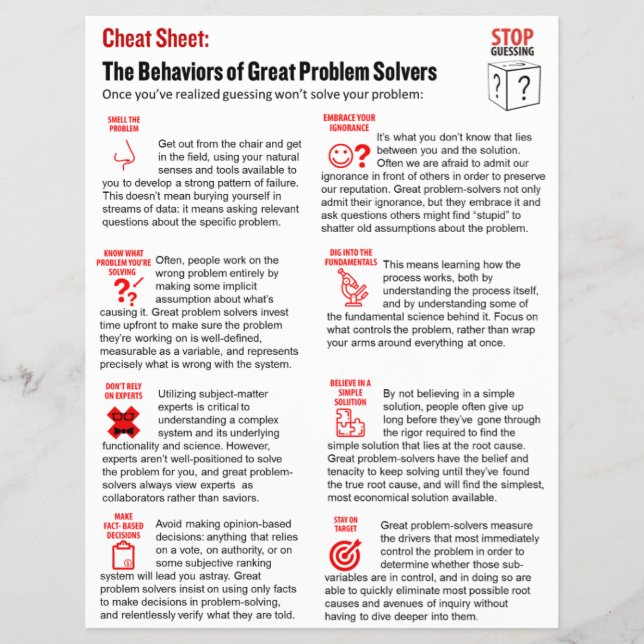 The Stop Guessing Cheat Sheet (Front)
