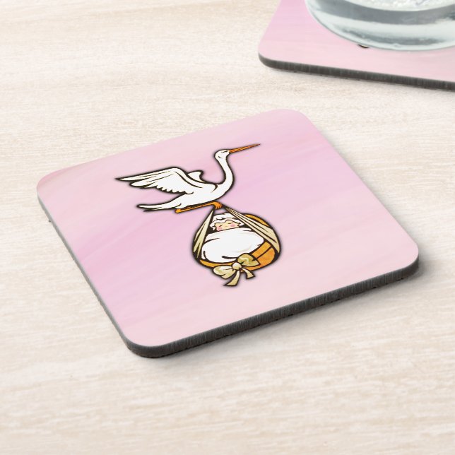 The Stork Carries a Baby Girl Beverage Coaster (Left Side)
