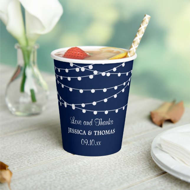 The String Lights On Navy Blue Wedding Collection Paper Cups (Insitu)