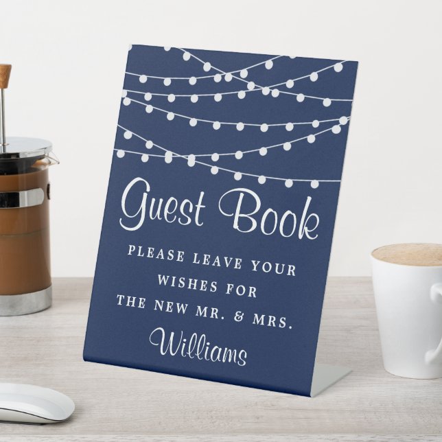The String Lights On Navy Blue Wedding Collection Pedestal Sign (In SItu)