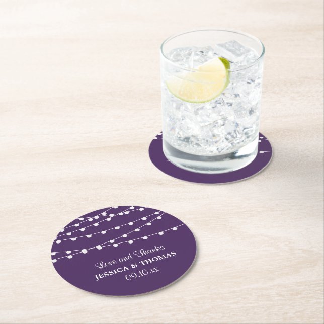 The String Lights On Purple Wedding Collection Round Paper Coaster (Insitu)