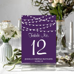 The String Lights On Purple Wedding Collection Table Number<br><div class="desc">Simple yet elegant, the string lights on purple wedding collection is a stunning design featuring lovely white hanging string lights on a purple background, which is perfect for any modern wedding celebration. These table number cards can be personalized for your special occasion and would make the perfect table cards for...</div>