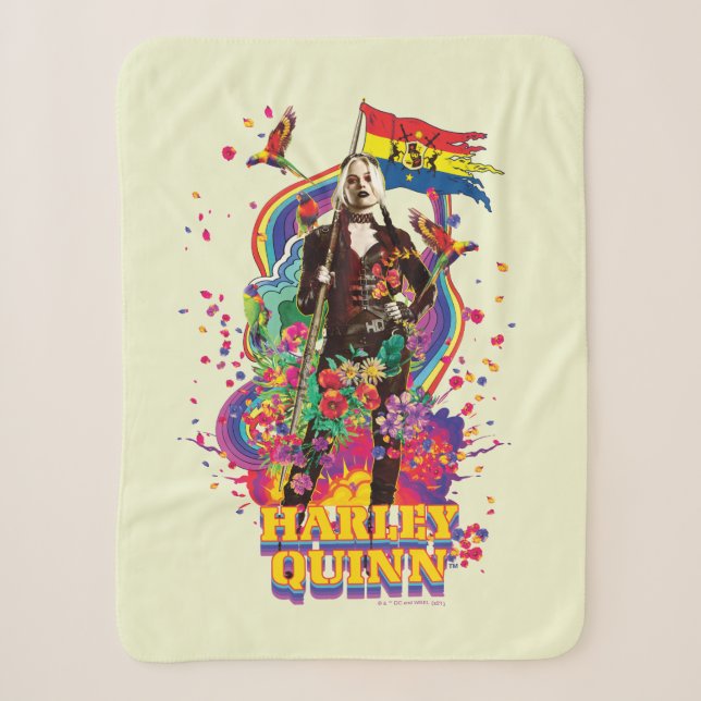The Suicide Squad | Harley Quinn Flowers & Rainbow Sherpa Blanket (Front)