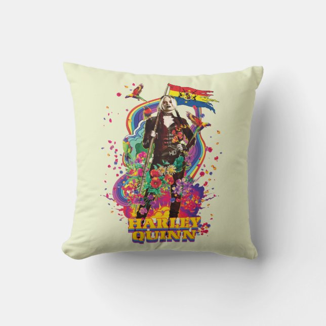 The Suicide Squad | Harley Quinn Flowers & Rainbow Throw Pillow (Front)