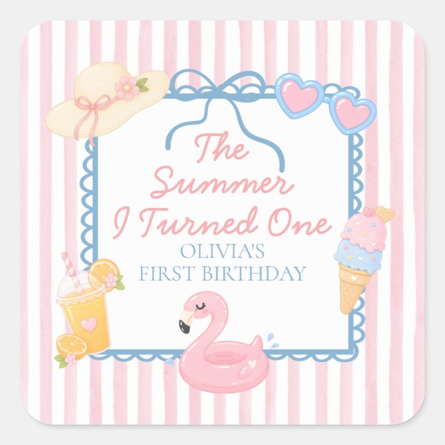 The Summer I Turned One Beach First Birthday Square Sticker (Front)