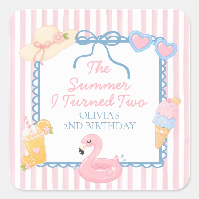 The Summer I Turned Two 2nd coastal beach Birthday Square Sticker (Front)