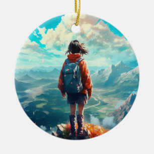 The Summit in Her Soul   Anime Hiker Girl Ceramic Ornament
