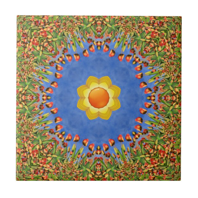 The Sun Vintage Orange Yellow Blue Kaleidoscope Tile (Front)