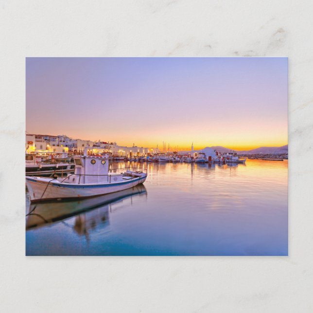 The sunset at the port of Naousa in Paros island Postcard (Front)
