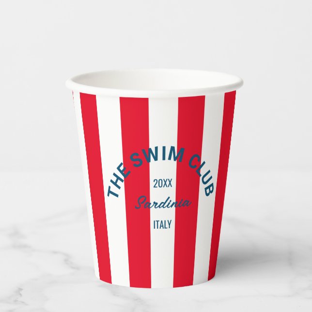The Swim Club Crest Red Cabana Stripe Paper Cups (Front)