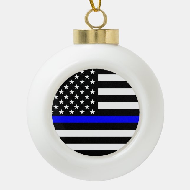The Symbolic Thin Blue Line American Flag Ceramic Ball Christmas Ornament (Front)