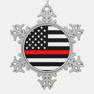 The Symbolic Thin Red Line American Flag on a Snowflake Pewter Christmas Ornament