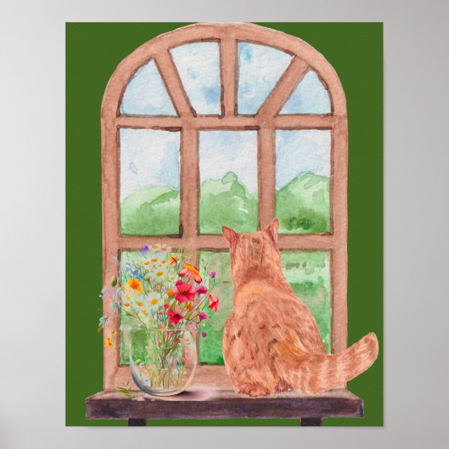 The Tabby Cat at the Window Scenic Serene Flowers Poster (Front)