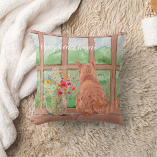 The Tabby Cat at the Window Scenic Serene Flowers Throw Pillow