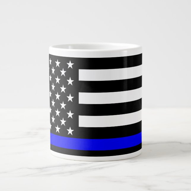 The Thin Blue Line Black and White US flag Large Coffee Mug (Front)