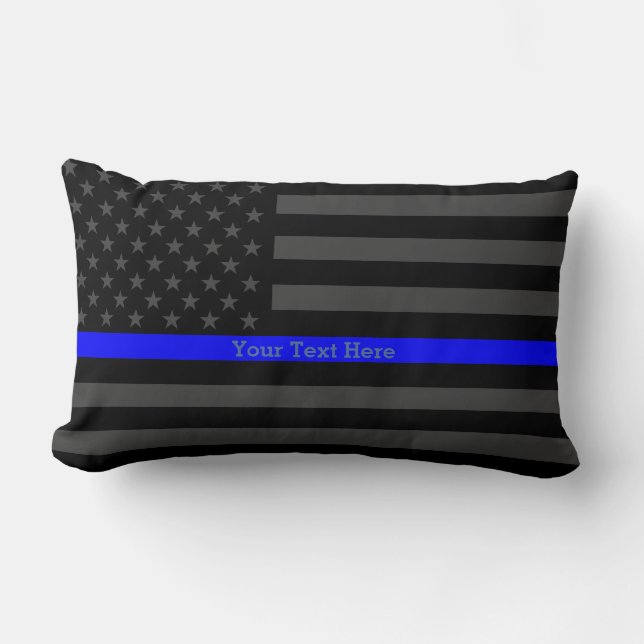 The Thin Blue Line Personalized Text Black US Flag Lumbar Pillow (Front)