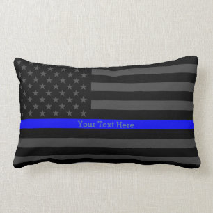 The Thin Blue Line Personalized Text Black US Flag Lumbar Pillow