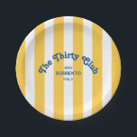The Thirty Club Beach Stripe 30th Birthday Round Paper Plate<br><div class="desc">Elevate your 30th birthday celebration with The Thirty Club Yellow Cabana Stripe Party Paper Plates, featuring bold blue retro lettering set against vibrant yellow cabana stripes, these customizable plates are perfect for elevating your 30th birthday decor, adding a fun, coastal vibe these plates can be fully personalized with your milestone...</div>