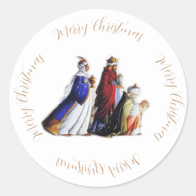The Three Magi Bearing gifts & Christmas greeting Classic Round Sticker (Front)