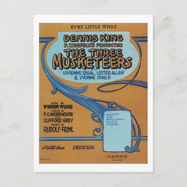 The Three Musketeers Vintage Songbook Cover Postcard (Front)