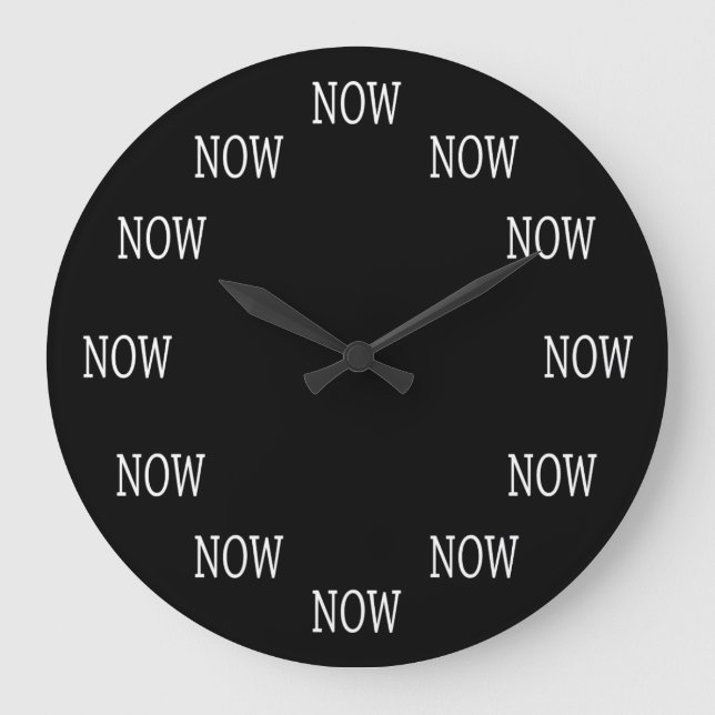The Time is NOW wall clock: White letters on black Large Clock (Front)