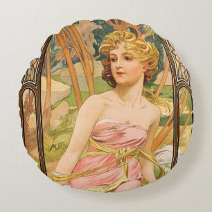 The Times of the Day, Morning Awakening by Mucha Round Pillow