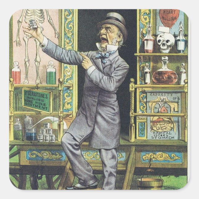 "The Travelling Quack" Snake Oil Salesman Square Sticker (Front)