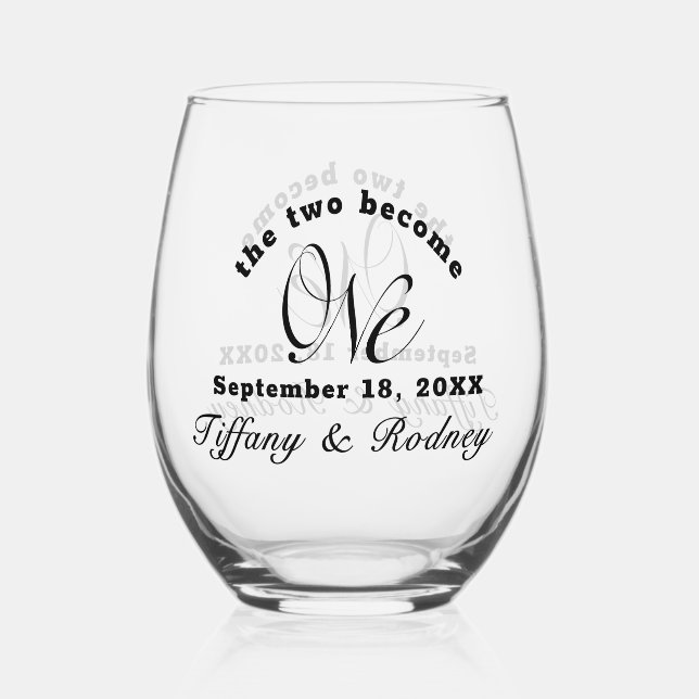 The Two Become One Black Script Drinkware Set Stemless Wine Glass (Front)