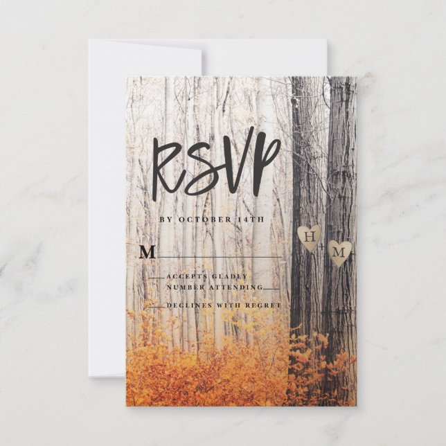 The Two Lovers Carved Initials Trees Fall Forest RSVP Card (Front)
