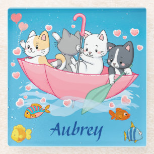 The Umbrella Adventure with cute Felines Glass Coaster