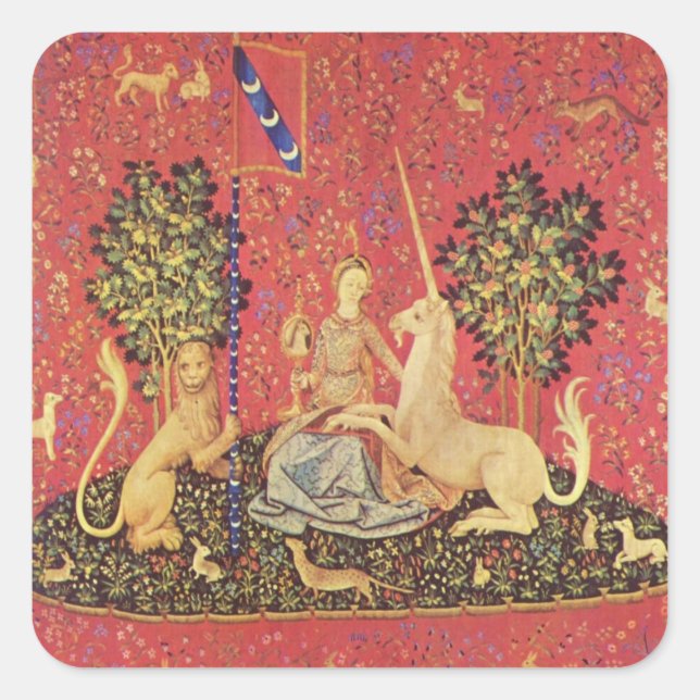 The Unicorn and Maiden Medieval Tapestry Image Square Sticker (Front)