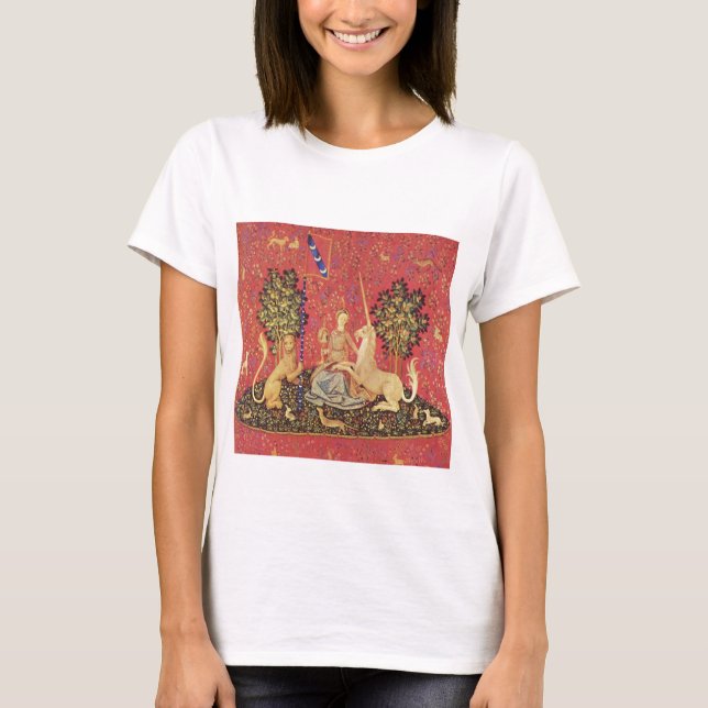 The Unicorn and Maiden Medieval Tapestry Image T-Shirt (Front)