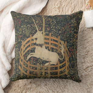 The Unicorn in Captivity, Medieval Tapestry  Throw Pillow