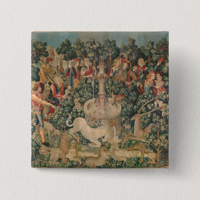 The Unicorn is Found, Medieval Tapestry 2 Inch Square Button (Front)