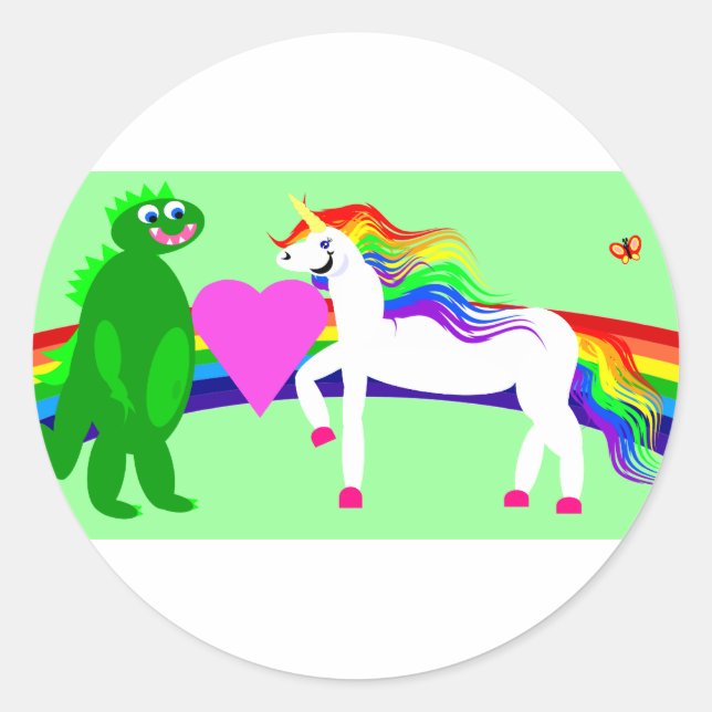 The Unicorn sees the Dinosaur Classic Round Sticker (Front)