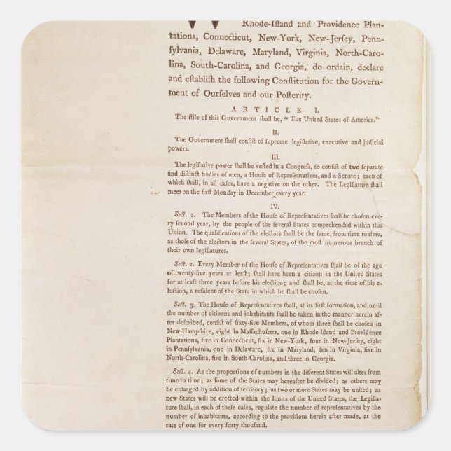 The United States Constitution, 1787 Square Sticker (Front)