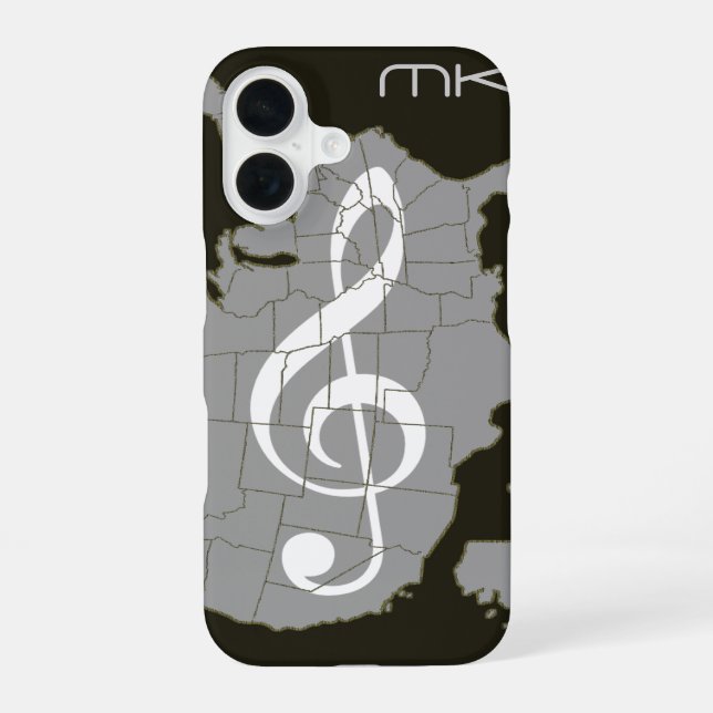 The USA map with a treble clef iPhone 16 Case (Back)