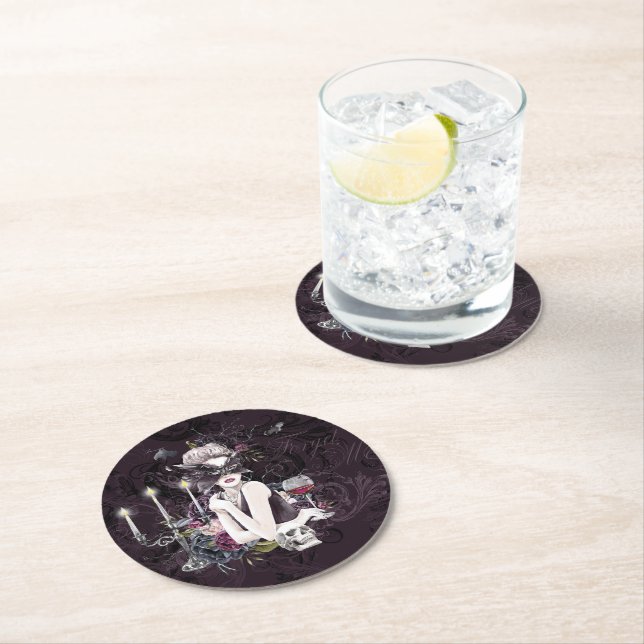 The Vampiress | Moody Gothic Vampy Glam Pale Skin Round Paper Coaster (Insitu)