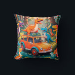 The Velociraptors Family Vacation  Throw Pillow<br><div class="desc">The yellow and blue jalopy cannot make it through the water puddle so,  they get help from other dinosaurs in the forest.</div>