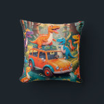 The Velociraptors Family Vacation  Throw Pillow<br><div class="desc">The yellow and blue jalopy cannot make it through the water puddle so,  they get help from other dinosaurs in the forest.</div>