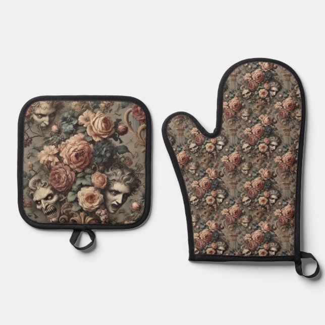 The Velvet Crash – Gothic Victorian  Oven Mitt & Pot Holder Set (Front)