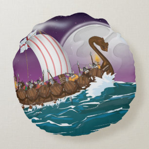 The Viking Ship Cartoon Round Pillow