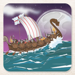The Viking Ship Cartoon Square Paper Coaster