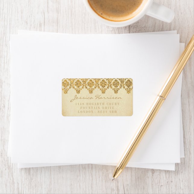 The Vintage Glam Gold Damask Wedding Collection Label (Insitu)