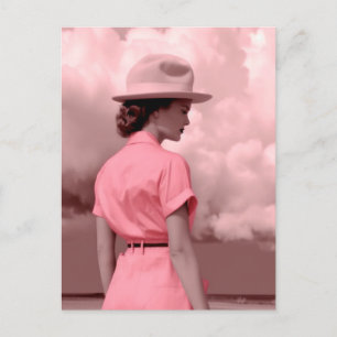 The Vintage Woman in Pink With Pink Clouds Postcard